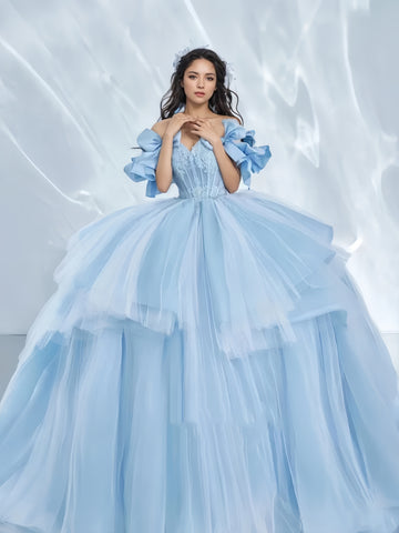 Light Blue Ruffles Puffy Sleeve Ball Gown Prom Dress