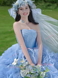 Blue Strapless Tulle Ball Gown Sweetheart Flower Prom Dress