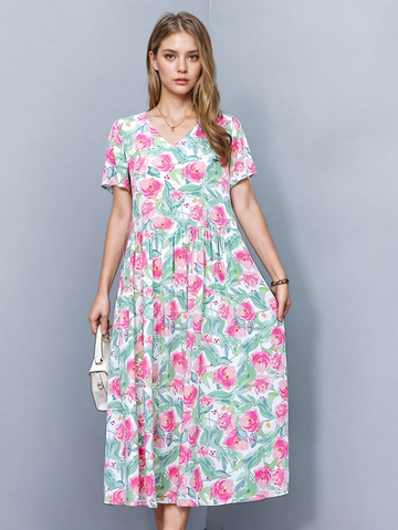 Vibrant Floral Print Short Sleeves V-Neck Midi Dress