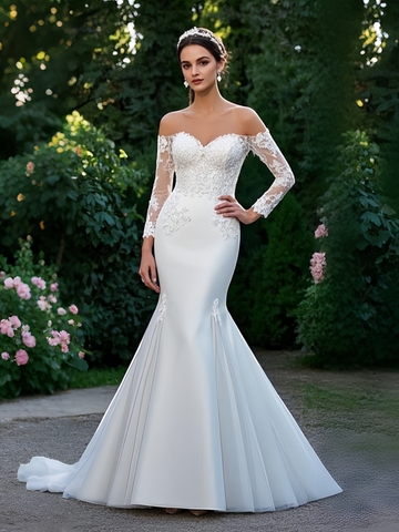 Satin Long Sleeve Appliques Off The Shoulder Mermaid Wedding Dress