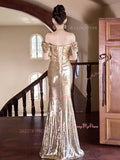 Off The Shoulder Trumpet Mermaid Champagne Sequin Prom Dress