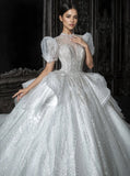 Ruffles Tulle High Neck Beading Short Sleeve Wedding Dress