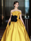 Gold Satin A Line Ruched Flower Prom Dress