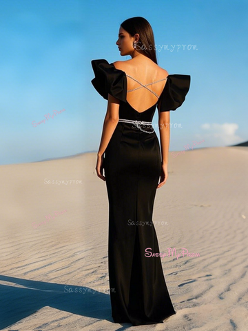 Trumpet Mermaid Backless Satin Black Chain Prom Dress Sassymyprom Trumpet Mermaid Backless Satin Black Chain Prom Dress Sassymyprom