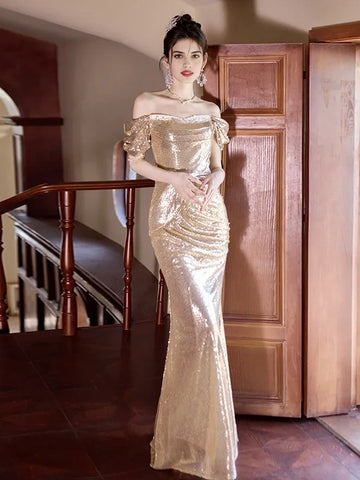 Off The Shoulder Trumpet Mermaid Champagne Sequin Prom Dress