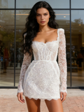 Short Mini Sparkle Lace Long Sleeve Wedding Dress