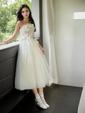 Tulle Flower Tea Length Short Strapless Flower Wedding Dress