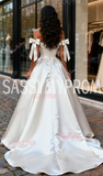 A Line Off The Shoulder Ruched Tie Shoulder Satin Wedding Dress