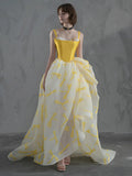 A Line High Low Print Yellow Prom Dress