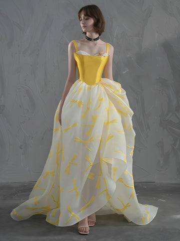 A Line High Low Print Yellow Prom Dress