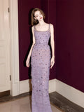 Beading Sheath Column Lavender Strapless Tulle Prom Dress