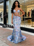 V Neck Trumpet Mermaid Straps Blue Beading Print Prom Dress