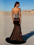 Off The Shoulder Beading Coffee Satin Prom Dress With Slit