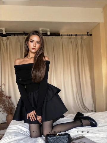 Long Sleeves Off-Shoulder Black Ruffle Dress