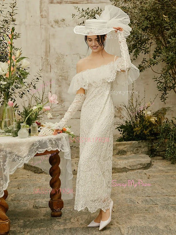 Lace Sheath Column Off The Shoulder Wedding Dress US8 Lace Sheath Column Off The Shoulder Wedding Dress US8