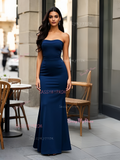 Sheath Column Satin Strapless Simple Navy Blue Prom Dress