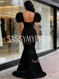 Sweetheart Satin Trumpet Mermaid Puffy Sleeve Black Prom Dress