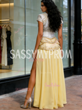 Cap Sleeve Beading Yellow Chiffon Corset Prom Dress