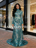 High Neck Sequin Floral Green Long Sleeve Prom Dress