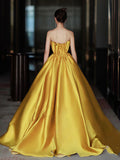 Gold Satin A Line Ruched Flower Prom Dress