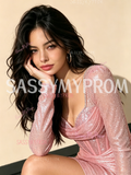 Pink Long Sleeve Square Beading Sheath Column Homecoming Dress