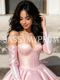 Pink Sweetheart Satin A-Line Long Sleeve Homecoming Dress