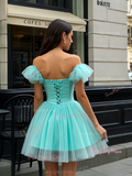 Puffy Sleeve Short Mini Green Tulle Homecoming Dress