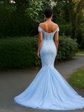 Appliques Trumpet Mermaid Light Blue Tulle  Prom Dress