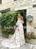 Puffy Sleeves A Line Satin Sweep Train Floral Prom Dress