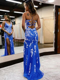 Blue Sheath Column Applique V-neck Prom Dress With Slit