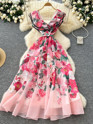 Pink & White Flowy Skirt Floral Dress