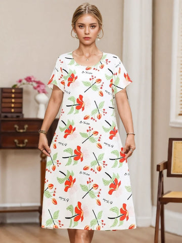 Red Blooms Crisp White Summer Dress