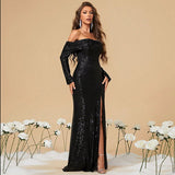 Ruched Black Long Sleeve Sequin Prom Dress With Slit