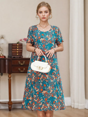 Teal and Red Accents Casual Chic Floral Dress