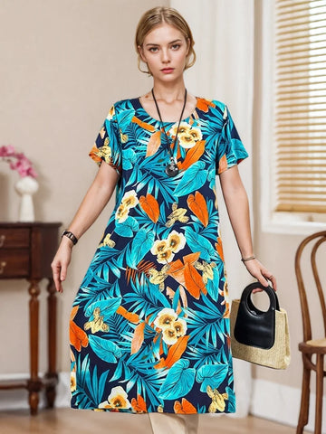 Vibrant Floral Comfortable Tropical Print Dress