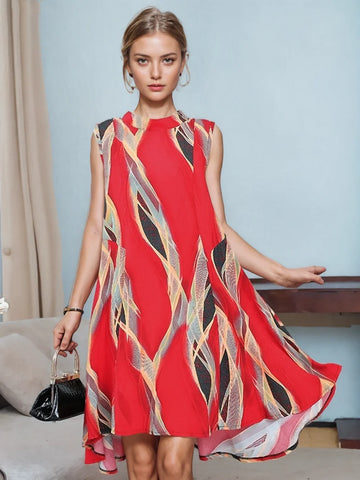 Fiery Red Artistic Print Sleeveless Dress