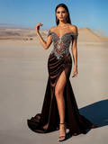 Off The Shoulder Beading Coffee Satin Prom Dress With Slit