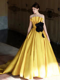 Gold Satin A Line Ruched Flower Prom Dress