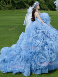 Blue Strapless Tulle Ball Gown Sweetheart Flower Prom Dress