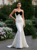 Tulle Sequin Ivory Trumpet Mermaid Prom Dress With Bow