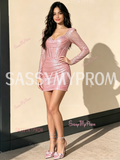 Pink Long Sleeve Square Beading Sheath Column Homecoming Dress
