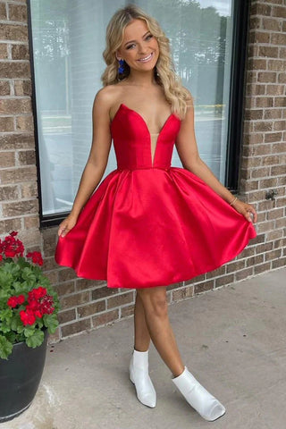 Simple V Neck Short Red Satin Mesh Homecoming Dress