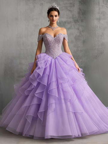 Appliques Ruffles Ball Gown Purple Tulle Prom Dress