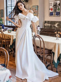 A Line Off The Shoulder White Satin Wedding Dress