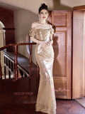 Off The Shoulder Trumpet Mermaid Champagne Sequin Prom Dress
