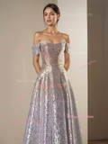 Gold & Silver A Line Off The Shoulder Sequin Prom Dress