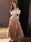 Tulle Off The Shoulder Sparke Pink Prom Dress