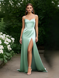 Satin A Line Light Green Prom Dress With Slit