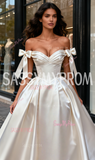 A Line Off The Shoulder Ruched Tie Shoulder Satin Wedding Dress