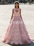 Pink Heart Pearls Keyhole A Line Jewel Tulle Prom Dress